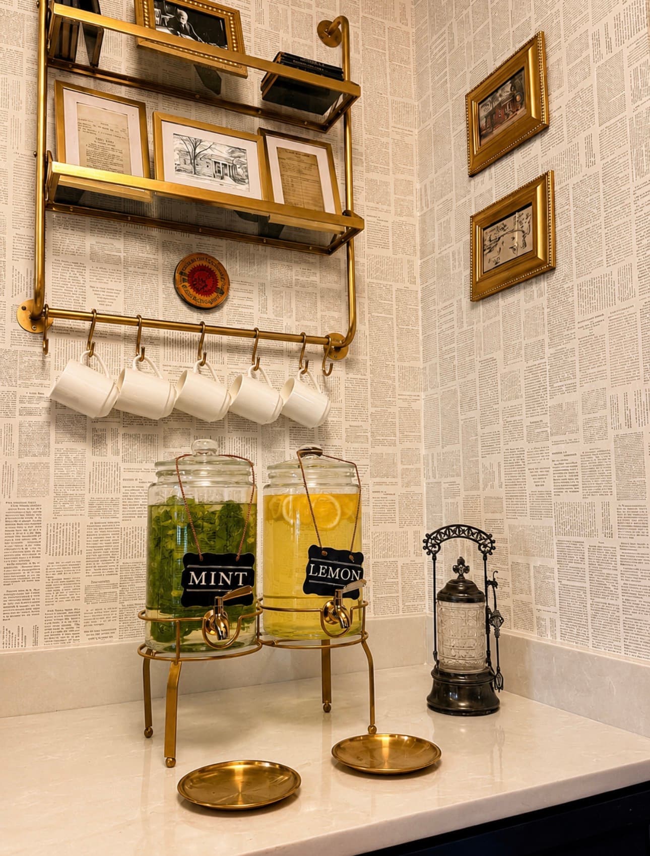 Mint and lemon infused water dispensers with a brass mug rack in the Archive Lounge